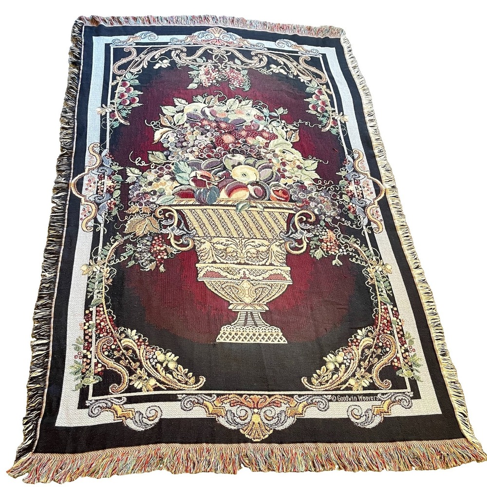 Vtg Goodwin Weavers Fruit Tapestry Throw Fringed Moody Old World Cottagecore